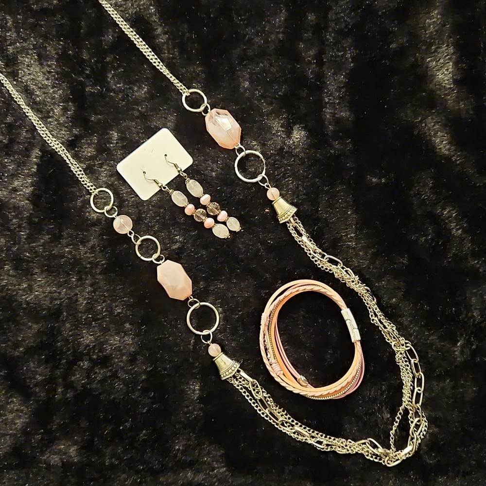 Pink Multi-Strand 37" Necklace Bracelet and Matching Earring Rose Silvertone Set